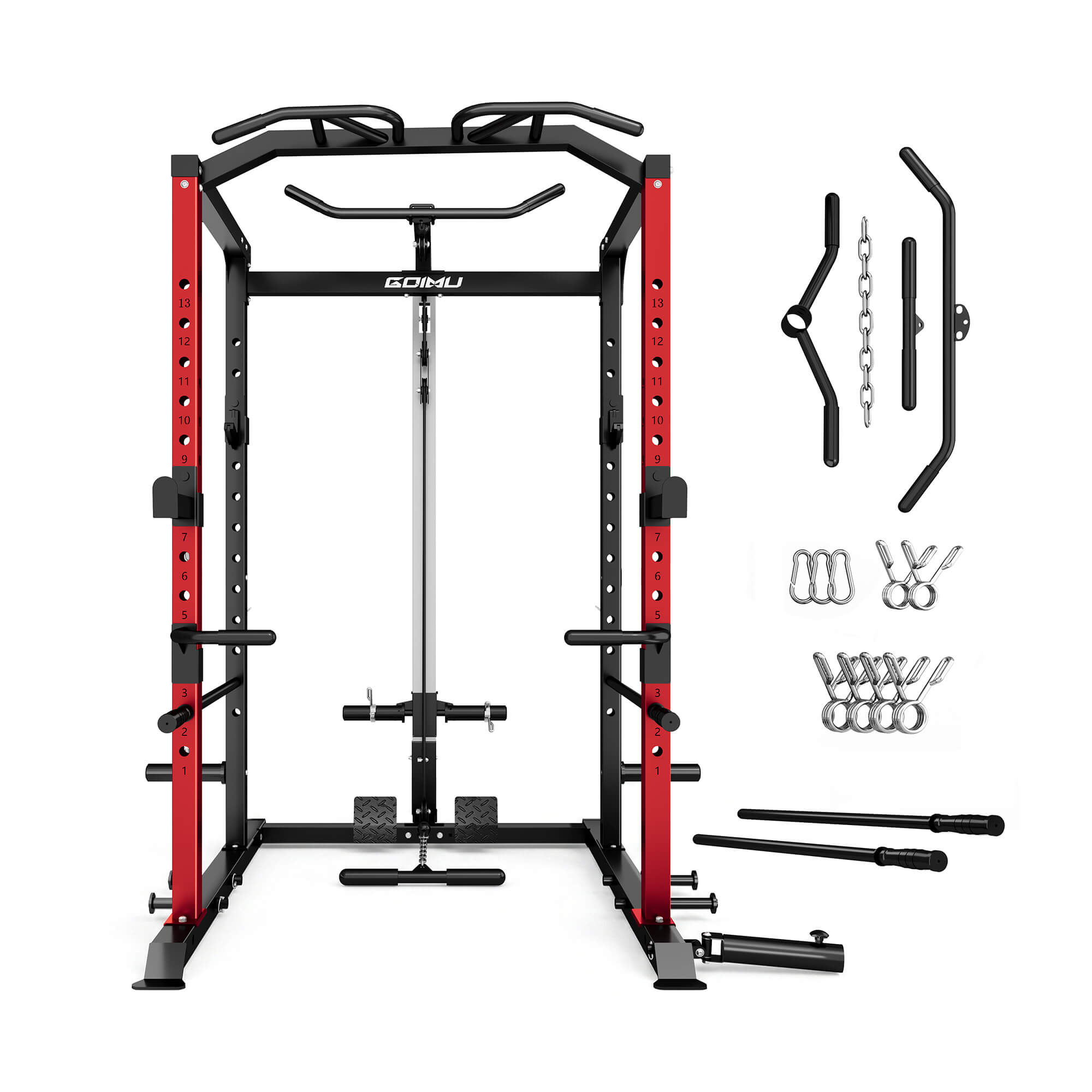 Red and black power rack with attachments on a white background.