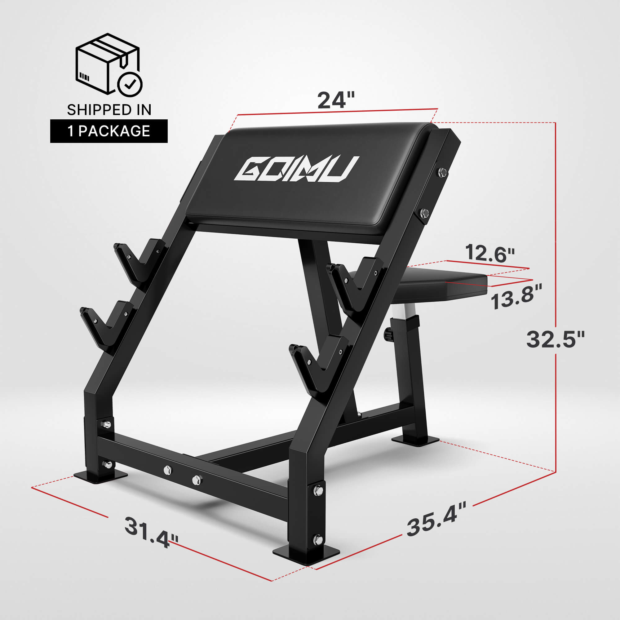 Black fitness arm curl bench with dimensions on a light gray background.#color_black