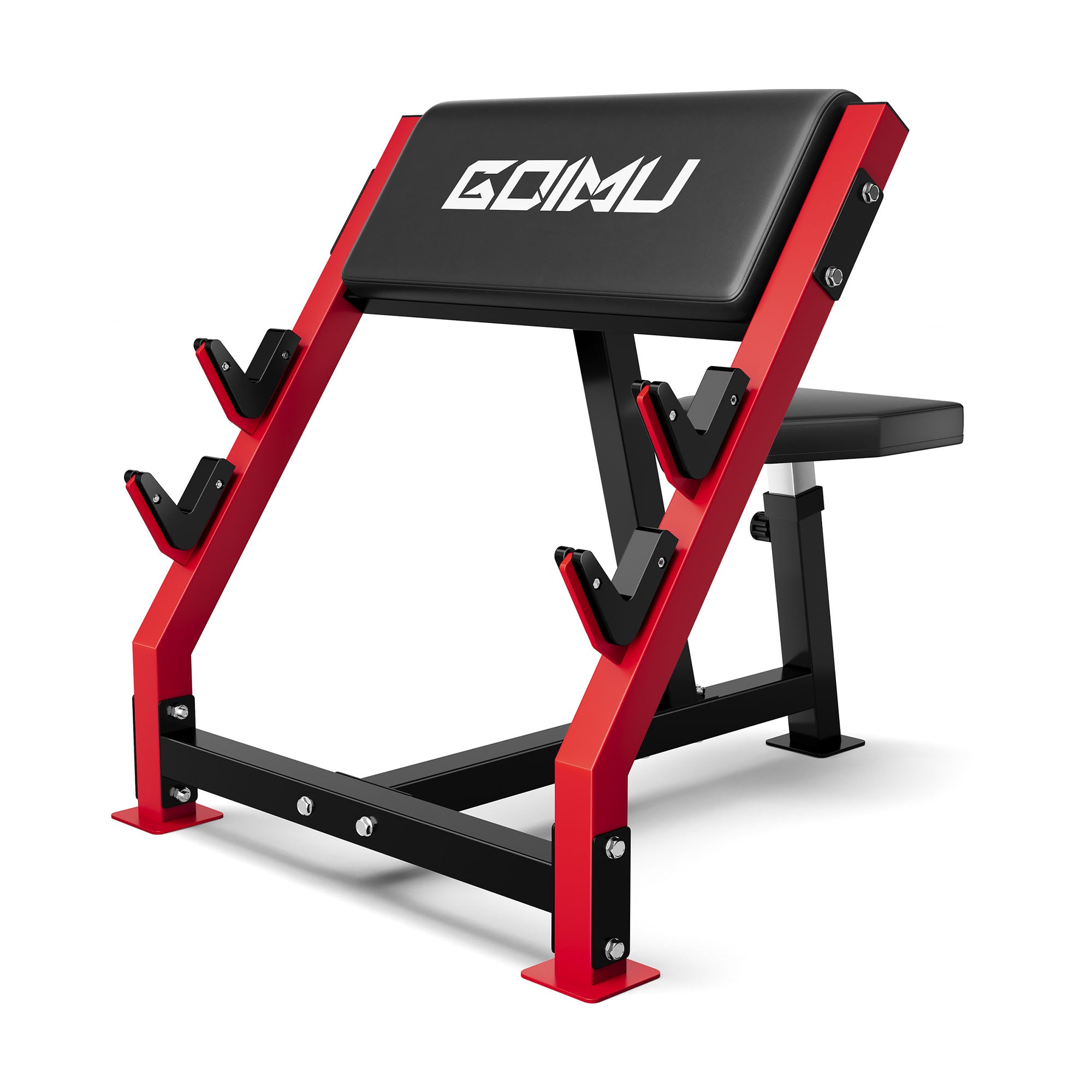 Red and black gym bench with 'GOIMU' branding on a white background.#color_red