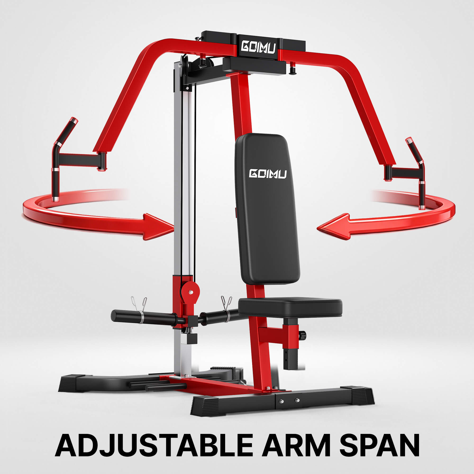 Red and black gym machine with adjustable arm span on a white background.