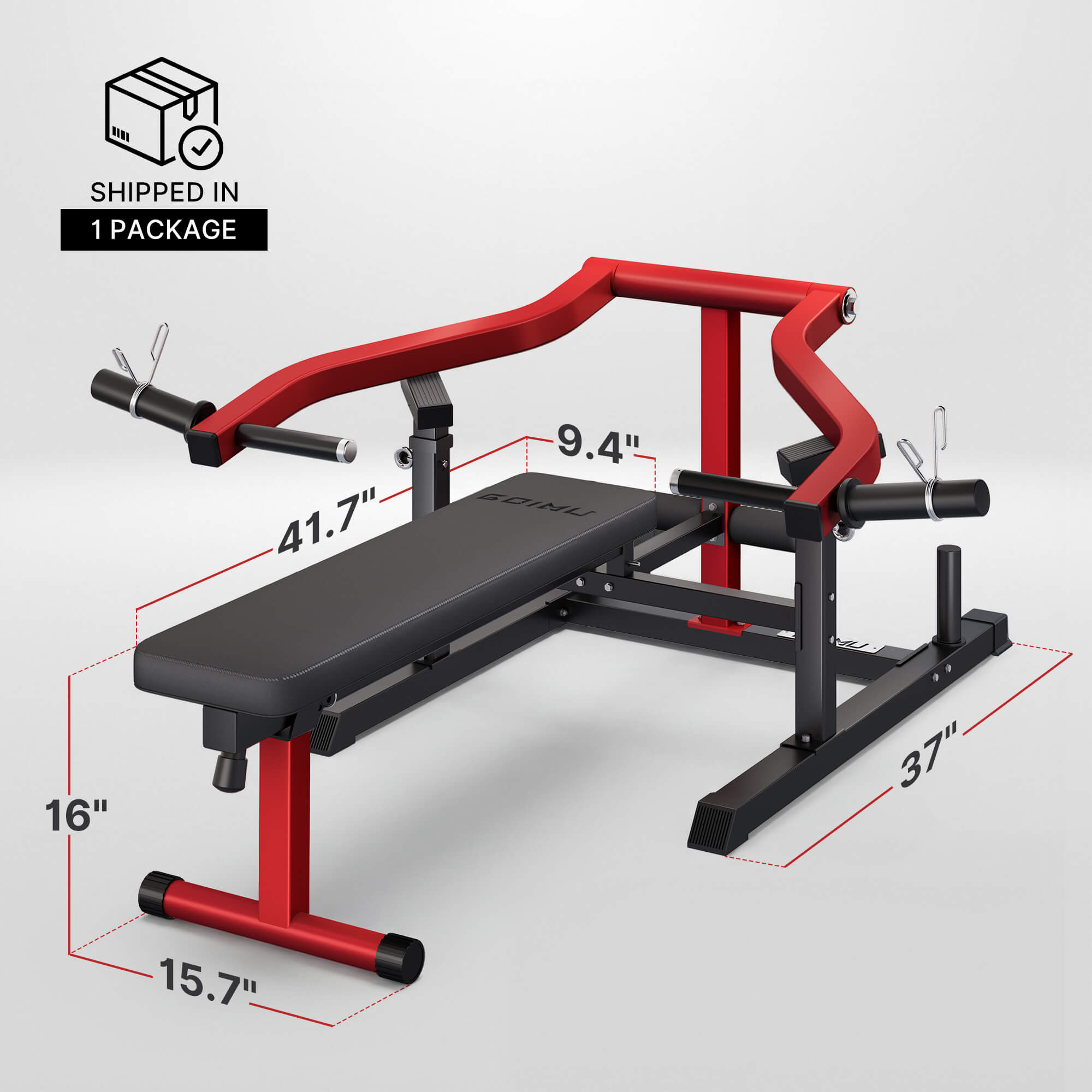 Red and black weight bench with dimensions on a light gray background.#color_red