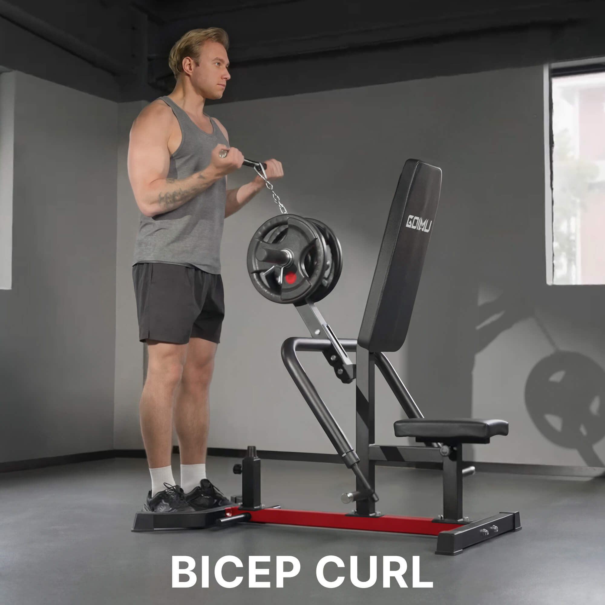 Man performing bicep curls with a weight machine in a gym setting.