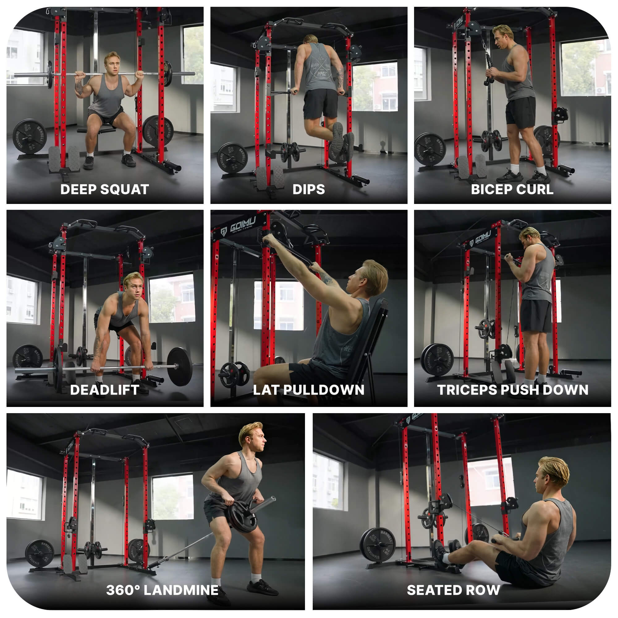 Grid of a person performing various exercises on a barbell setup in a gym.