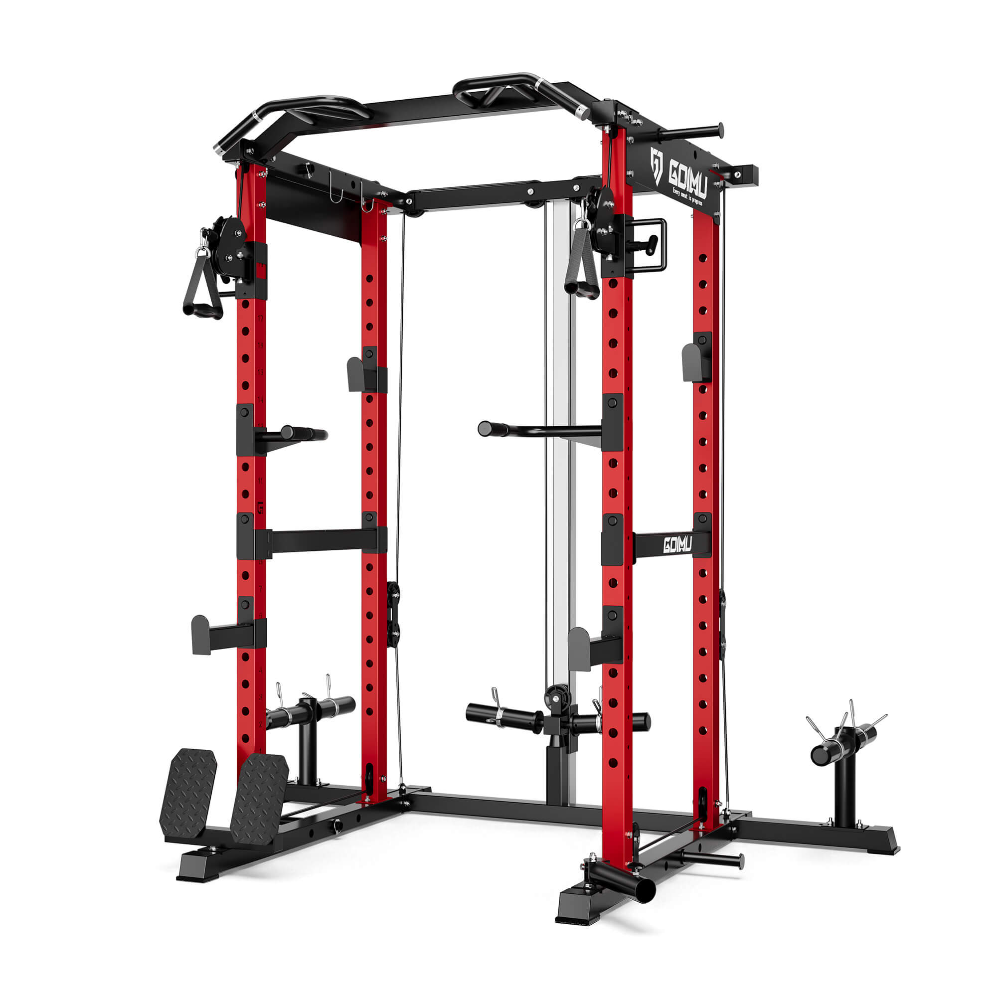 Red and black power rack gym equipment on a white background.