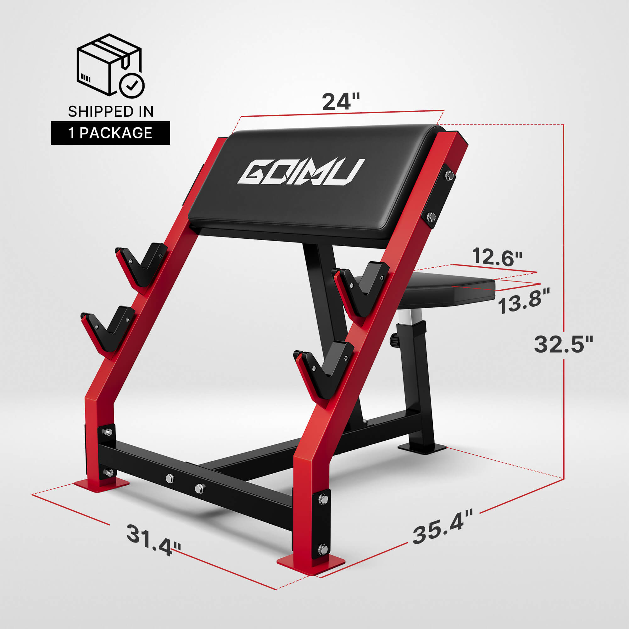 Red and black weight bench with dimensions on a white background, featuring the brand 'GOIMU'.#color_red