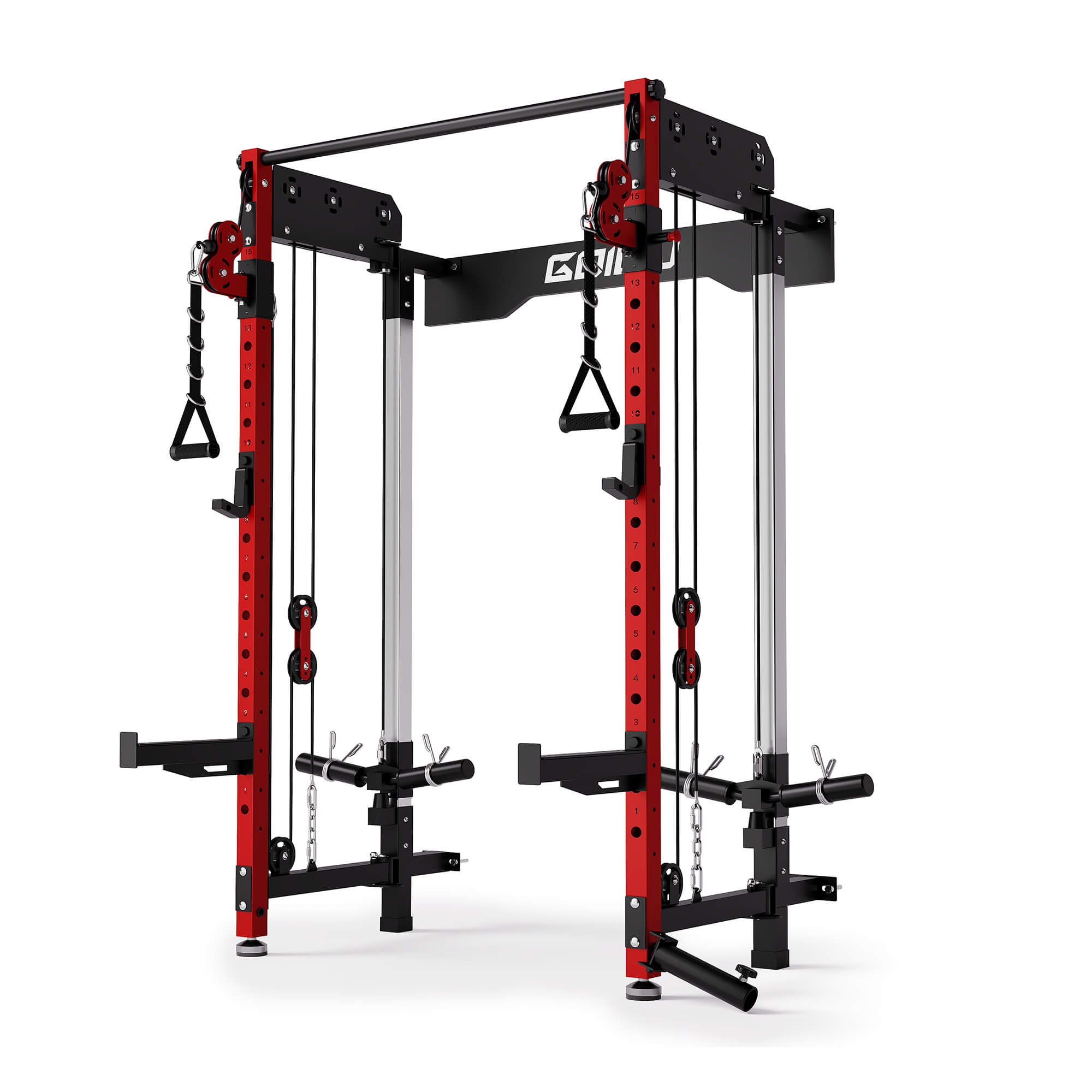 Red and black weightlifting cage on a white background.