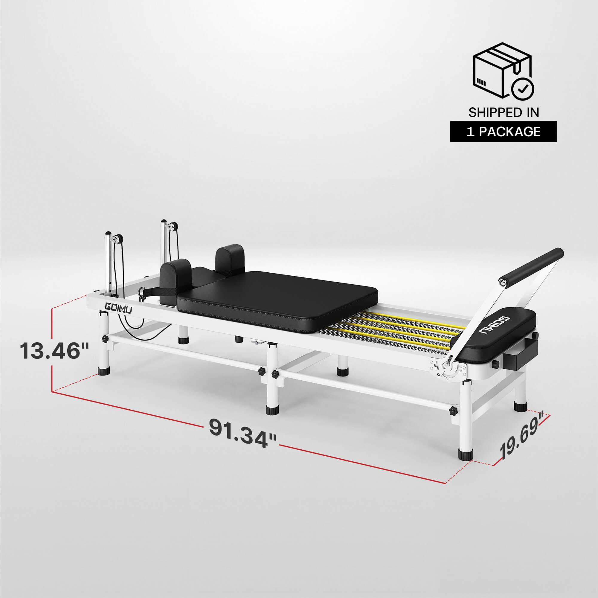 Pilates reformer machine with dimensions and packaging information on a light gray background