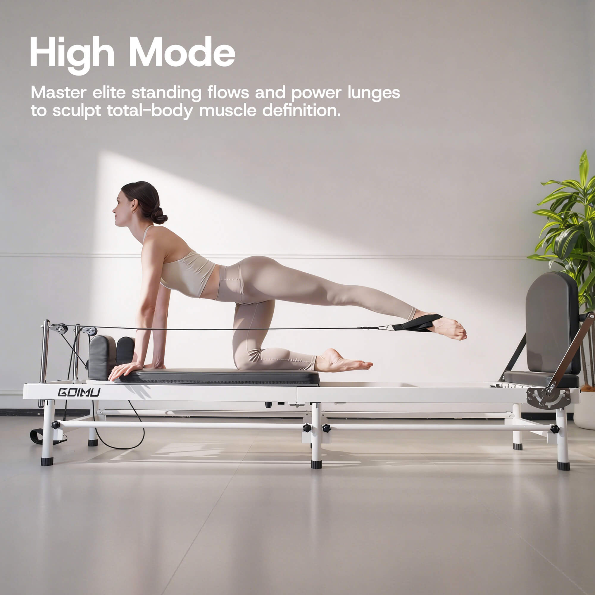 Woman exercising on a reformer machine with text about high mode and muscle definition.
