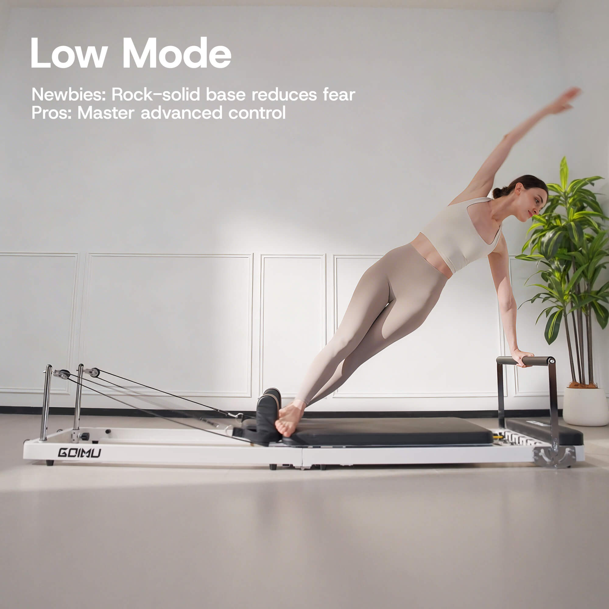 Woman using a reformer machine with text about 'Low Mode' on a white background