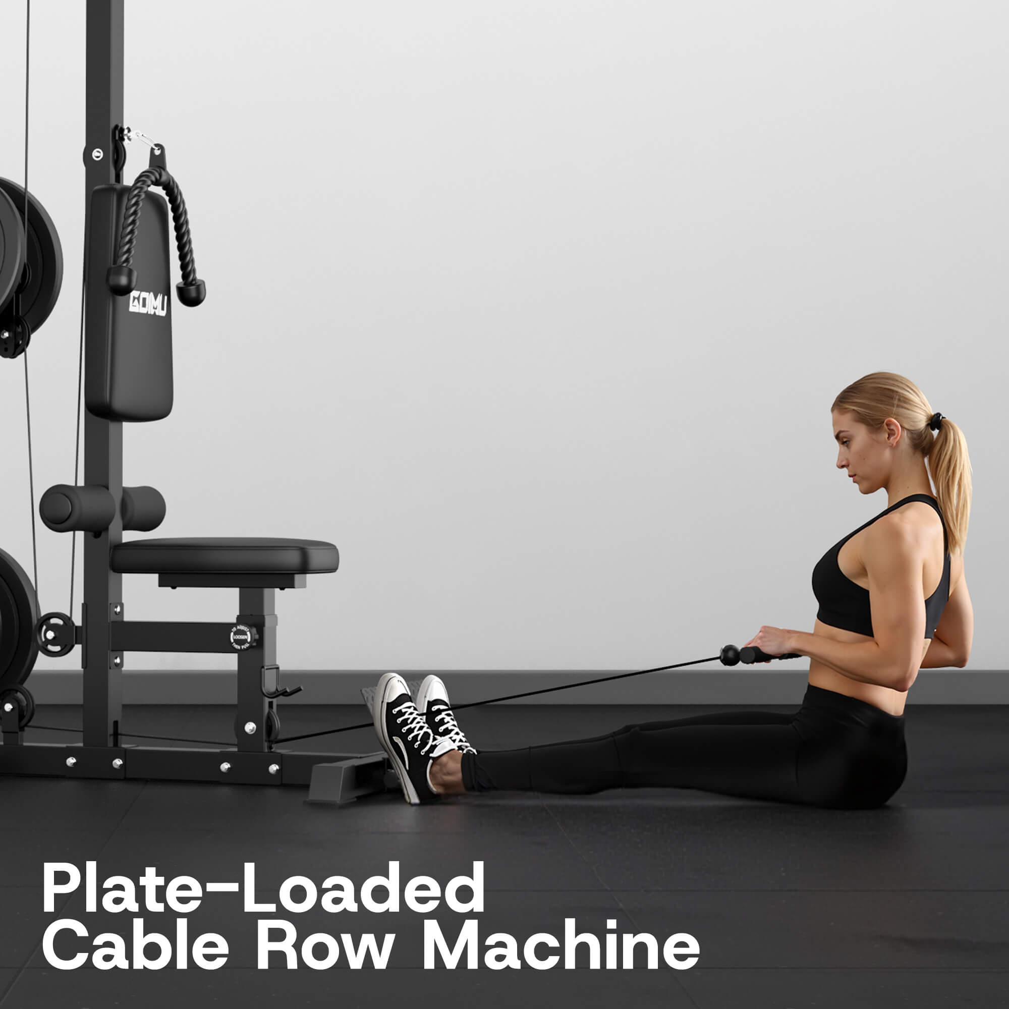Woman using a plate-loaded cable row machine in a gym setting.