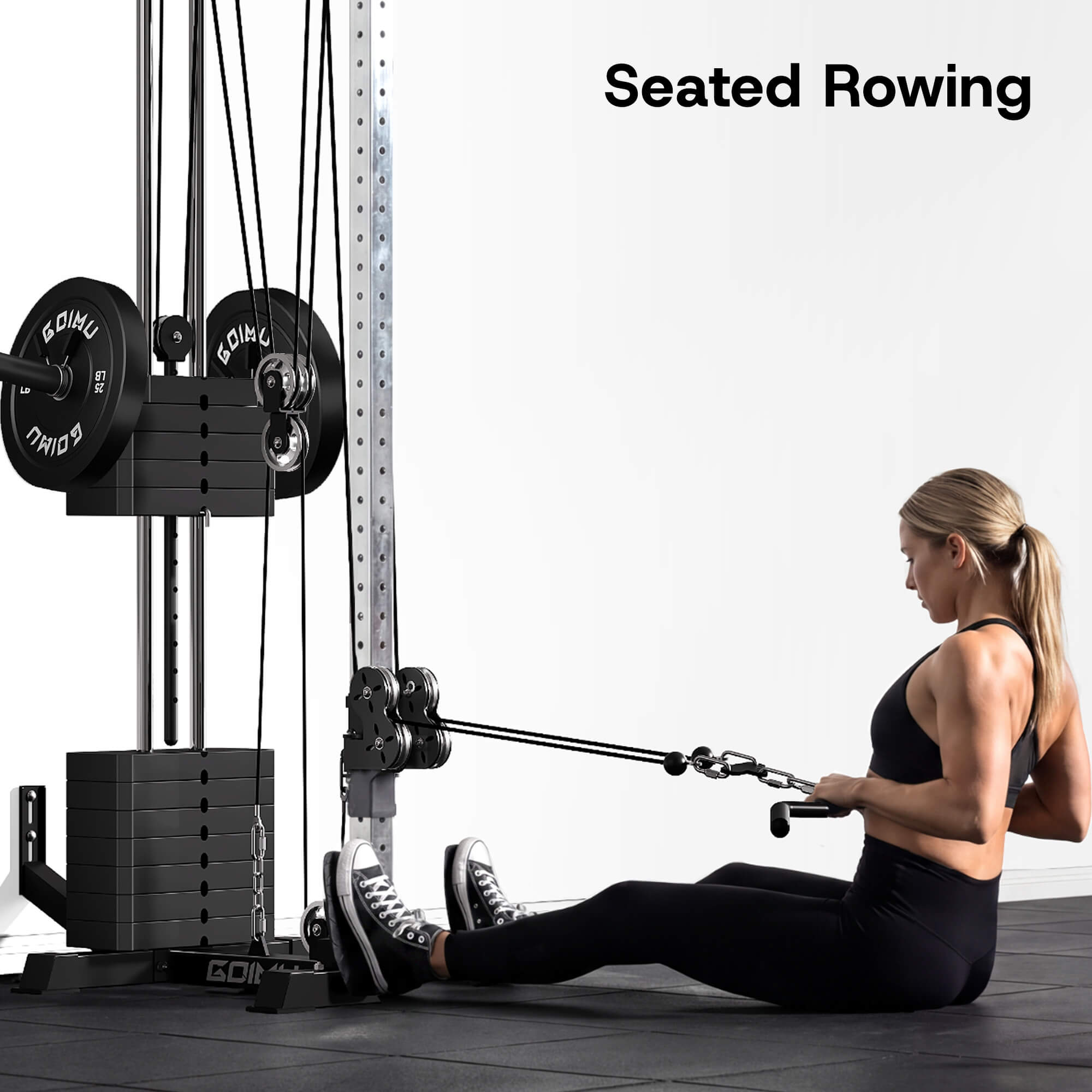 Woman using a seated rowing machine in a gym setting.