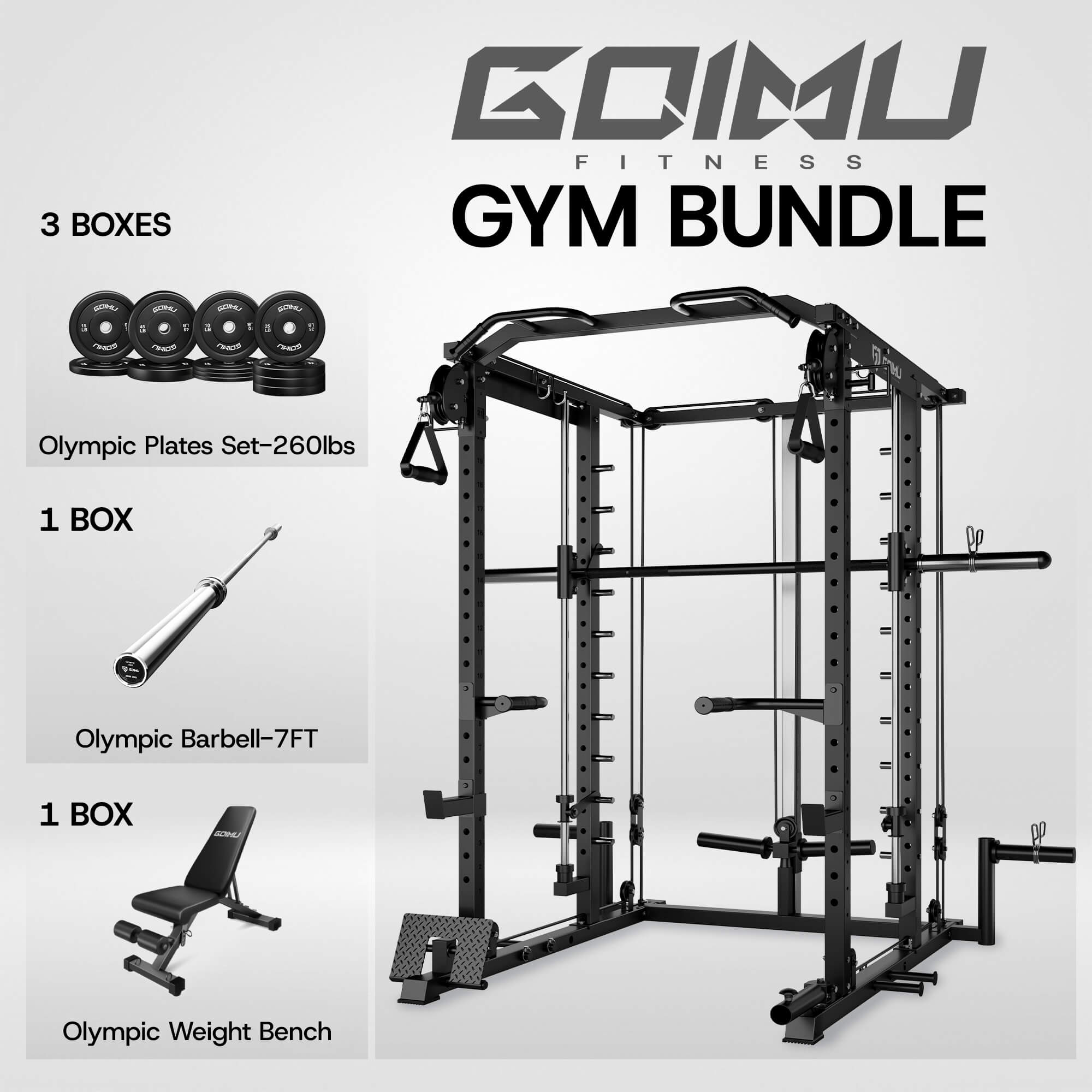 GIMU Fitness gym bundle with power rack, Olympic plates, barbell, and weight bench on a white background.