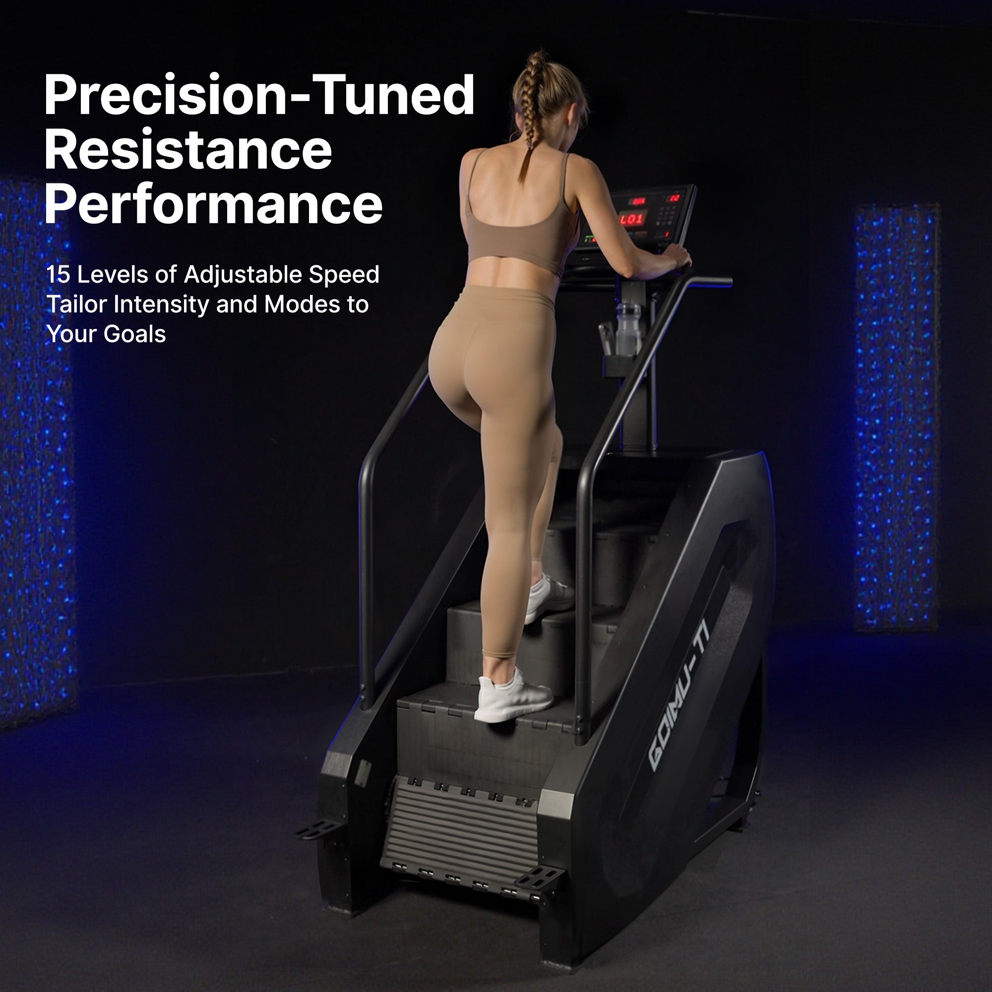Person using a step machine with text about precision-tuned resistance performance.