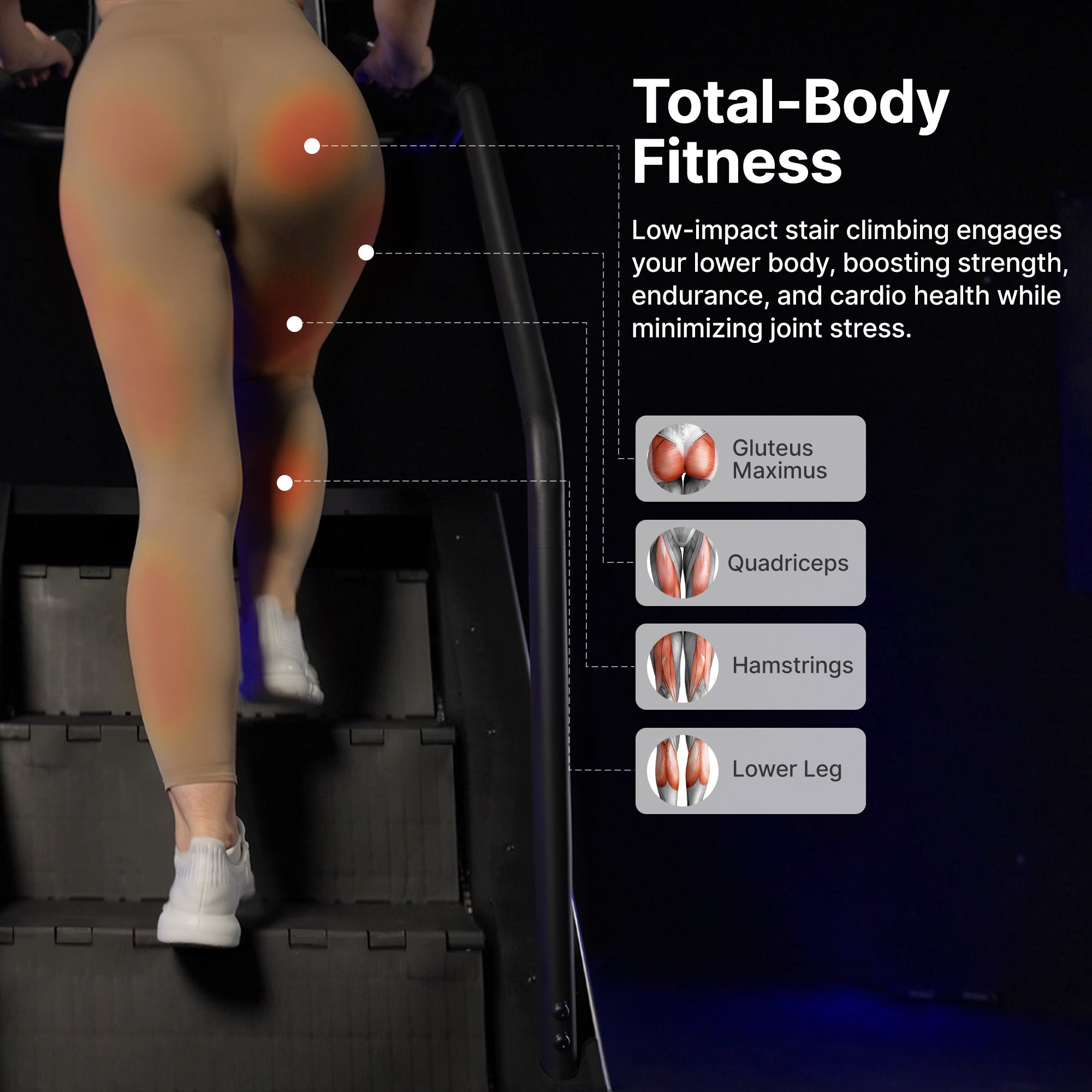 Person climbing stairs with highlighted muscles and fitness benefits on a black background