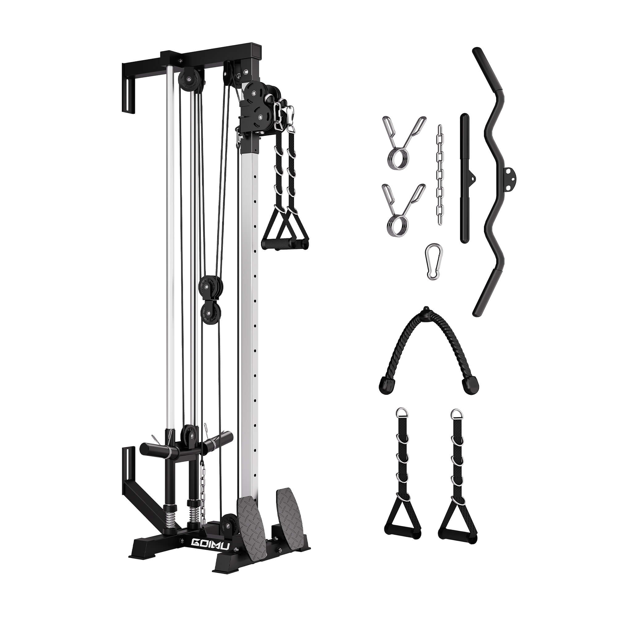Gym cable machine with various attachments on a white background.