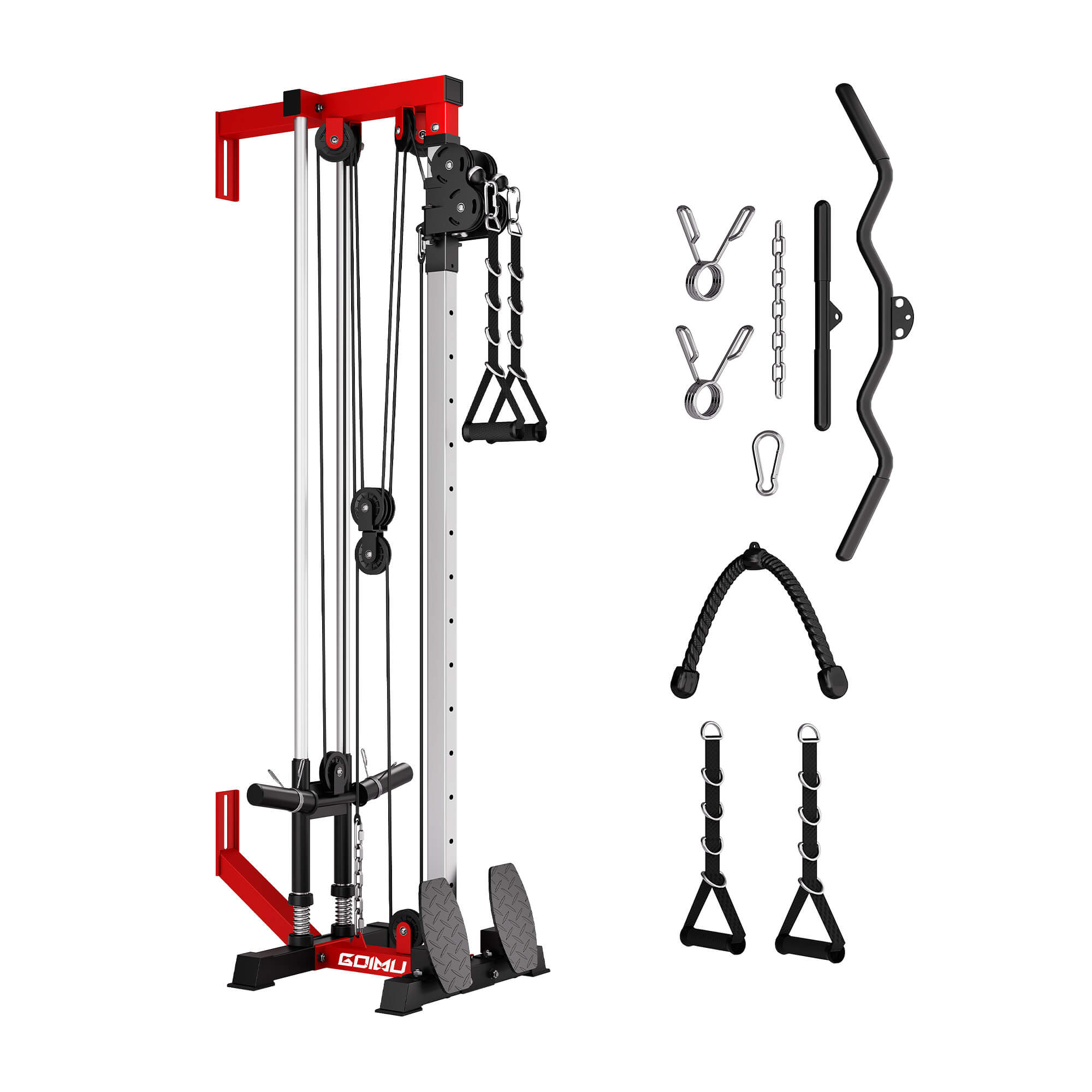 Gym equipment set with red and black frame and various attachments on a white background.