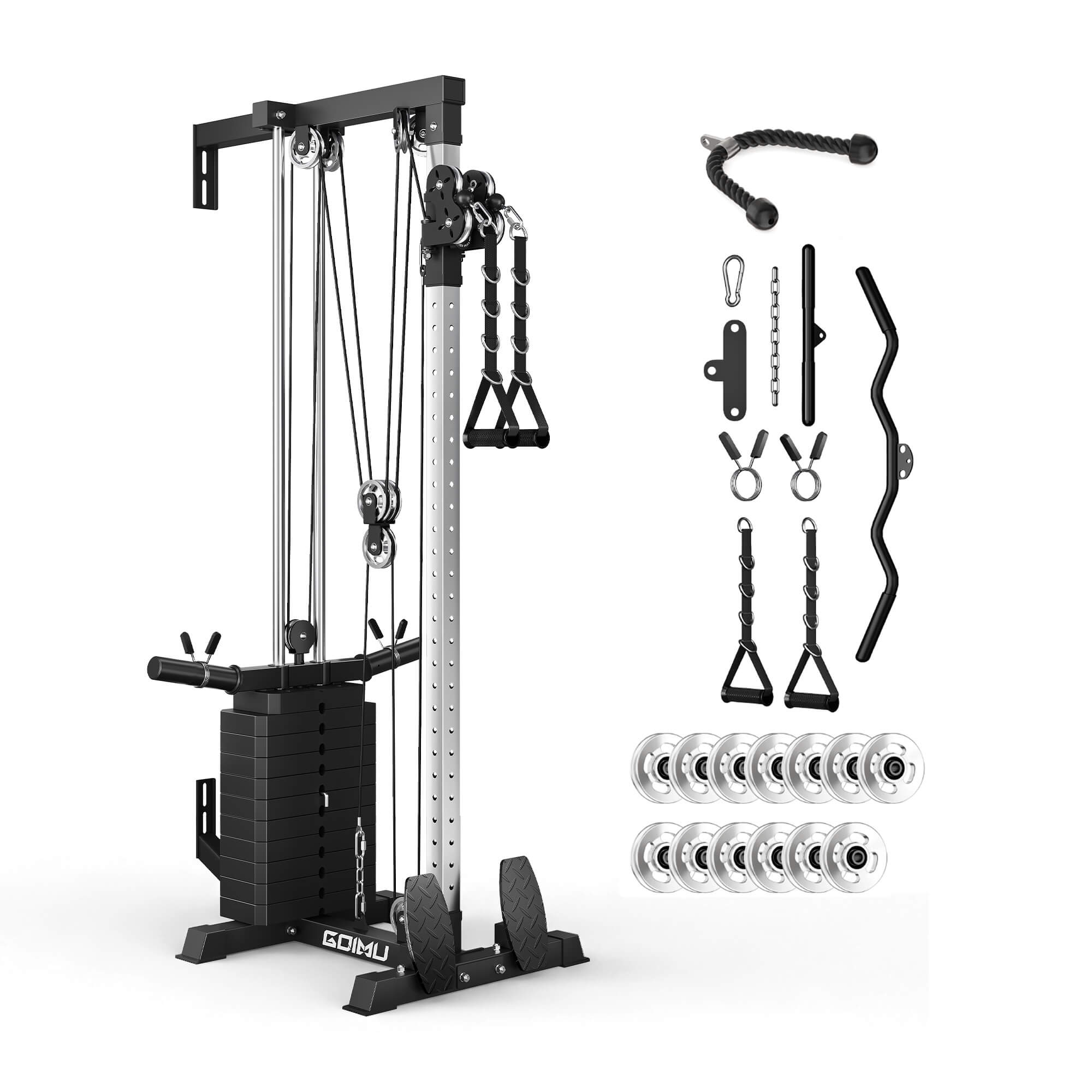 Gym equipment set with pulley system and attachments on a white background.