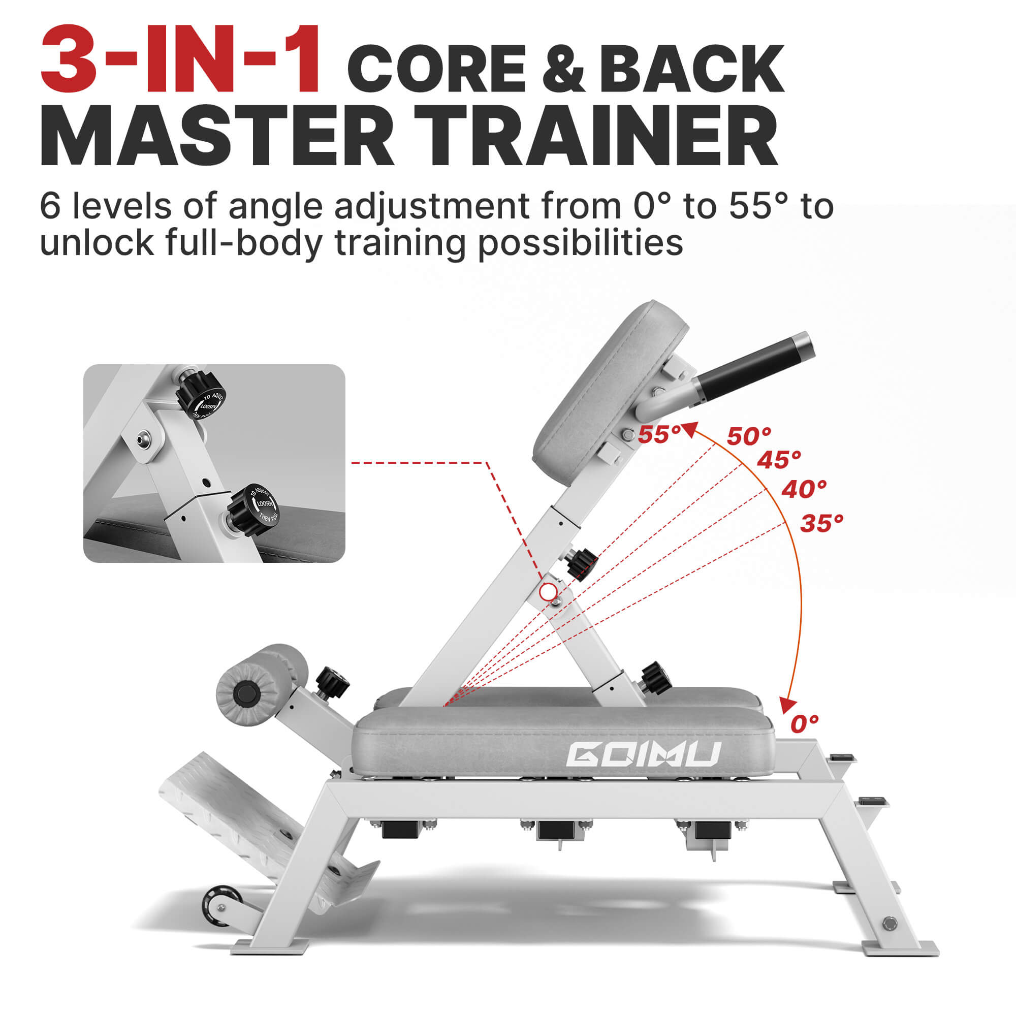 3-in-1 core and back master trainer with adjustable angles on a white background.