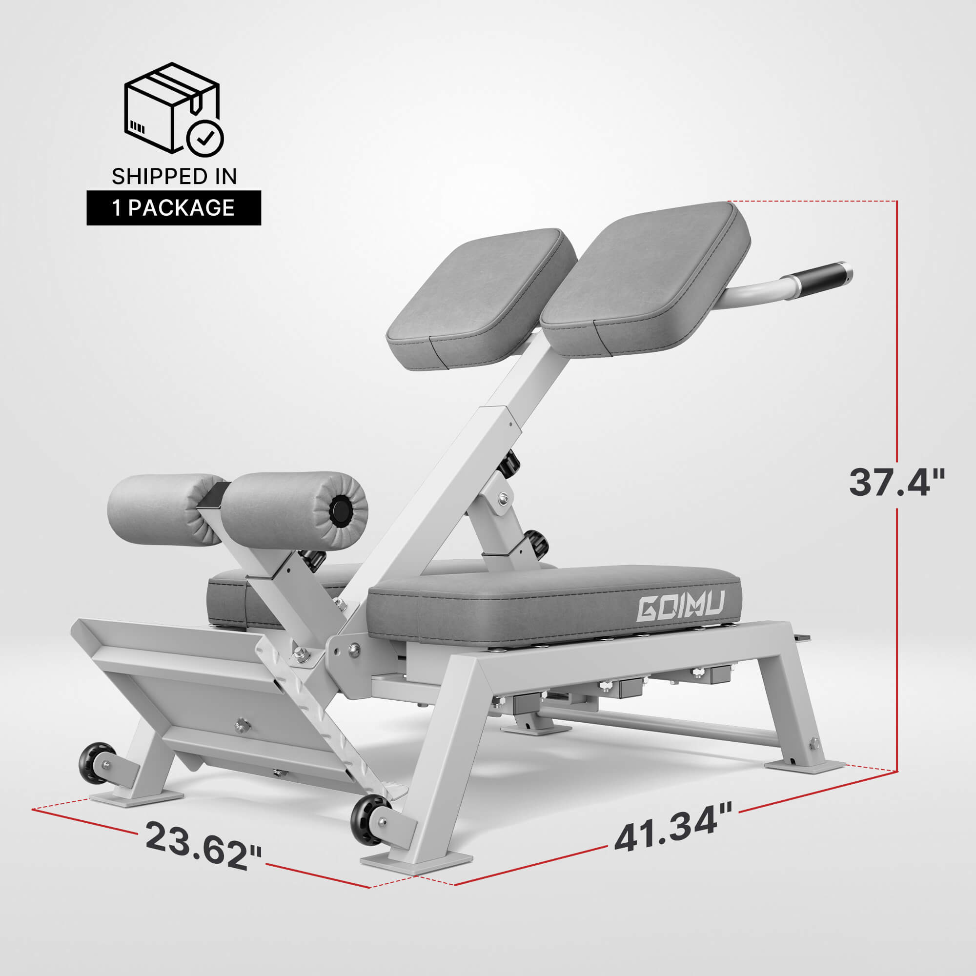 Gray weight bench with dimensions and 'GOIMU' branding on a white background.