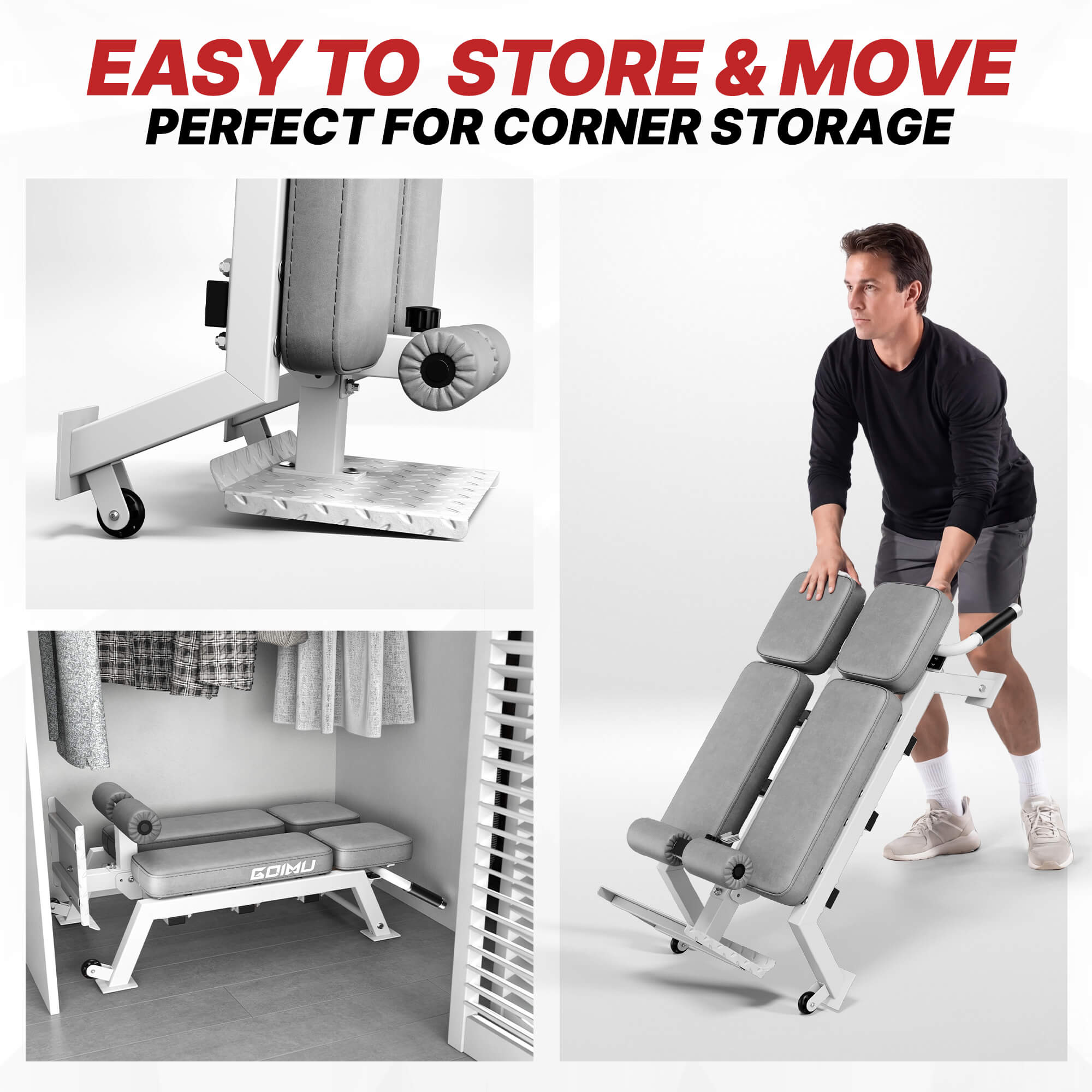 Gray adjustable weight bench with storage and mobility features, shown in use and stored.