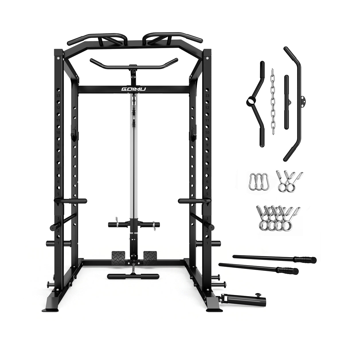 Black power rack with attached components on a white background.#color_black