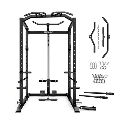 Black power rack with attached components on a white background.#color_black