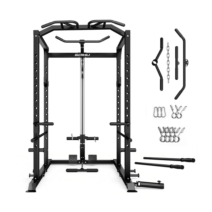 Black power rack with attached components on a white background.#color_black