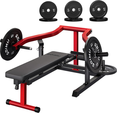 Red and black weight bench with dimensions on a light gray background.#color_red
