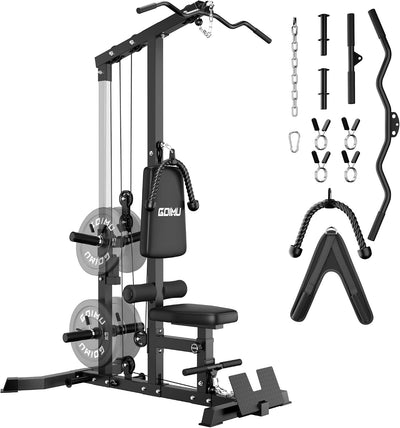 Gym equipment set with various attachments on a white background.