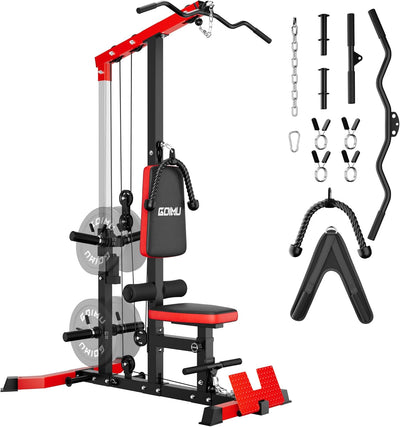 Gym equipment with attachments on a white background.