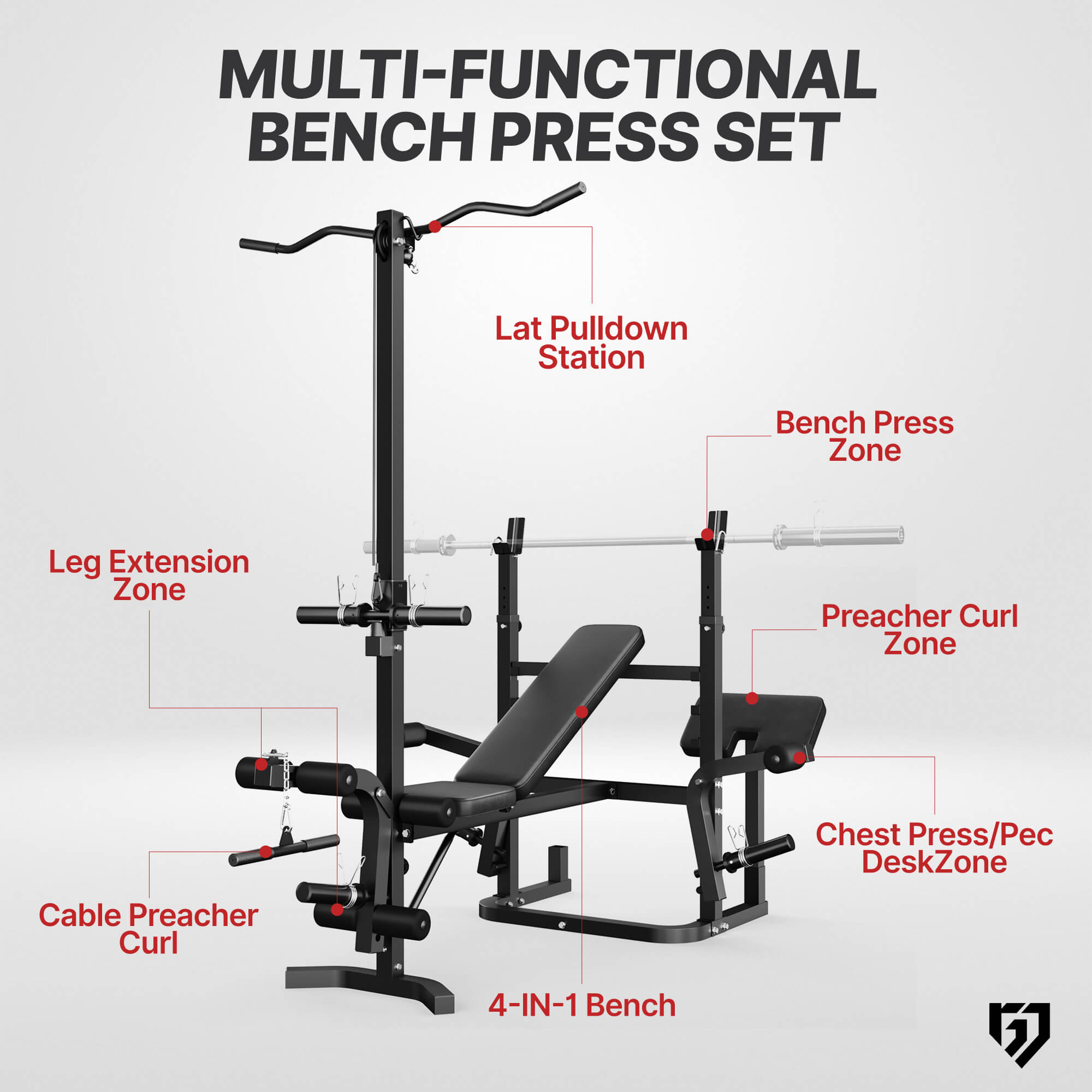 Weight Bench with Barbell Rack and Biceps and Leg Extension & Curl Station Z3