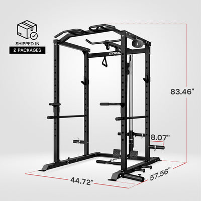 Black power rack with dimensions labeled on a white background.#color_black
