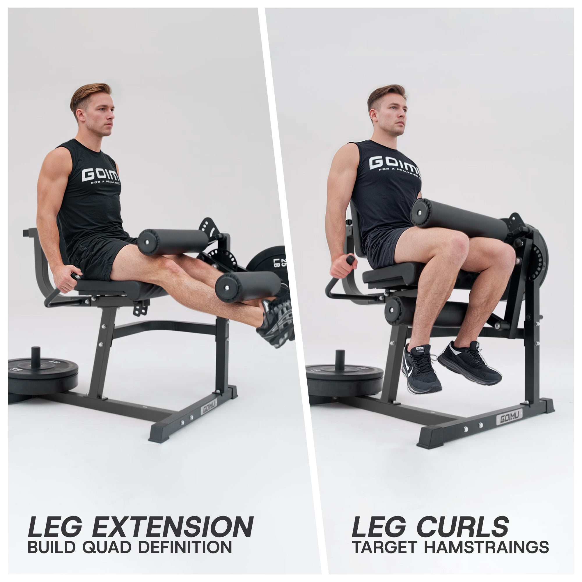 Two images showing a person performing leg extensions and leg curls on a leg extension machine.