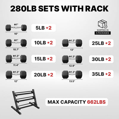 Weight set with rack specifications on a gray background.#pounds_280lbs-with-rack