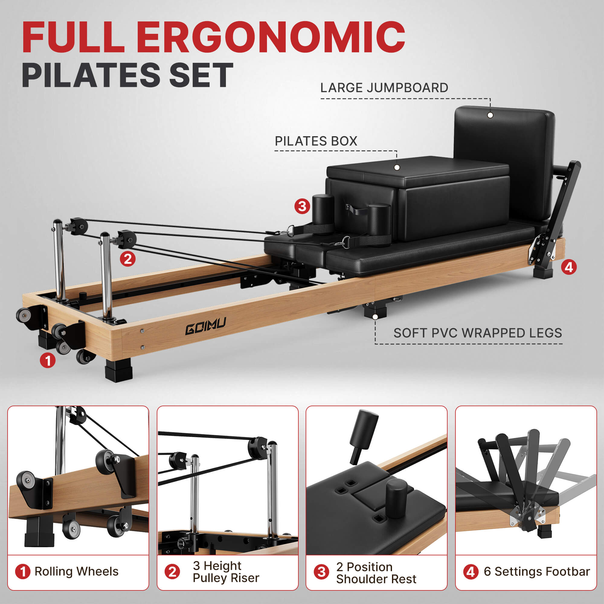Foldable Oak Wooden Pilates Reformer Machine PF02