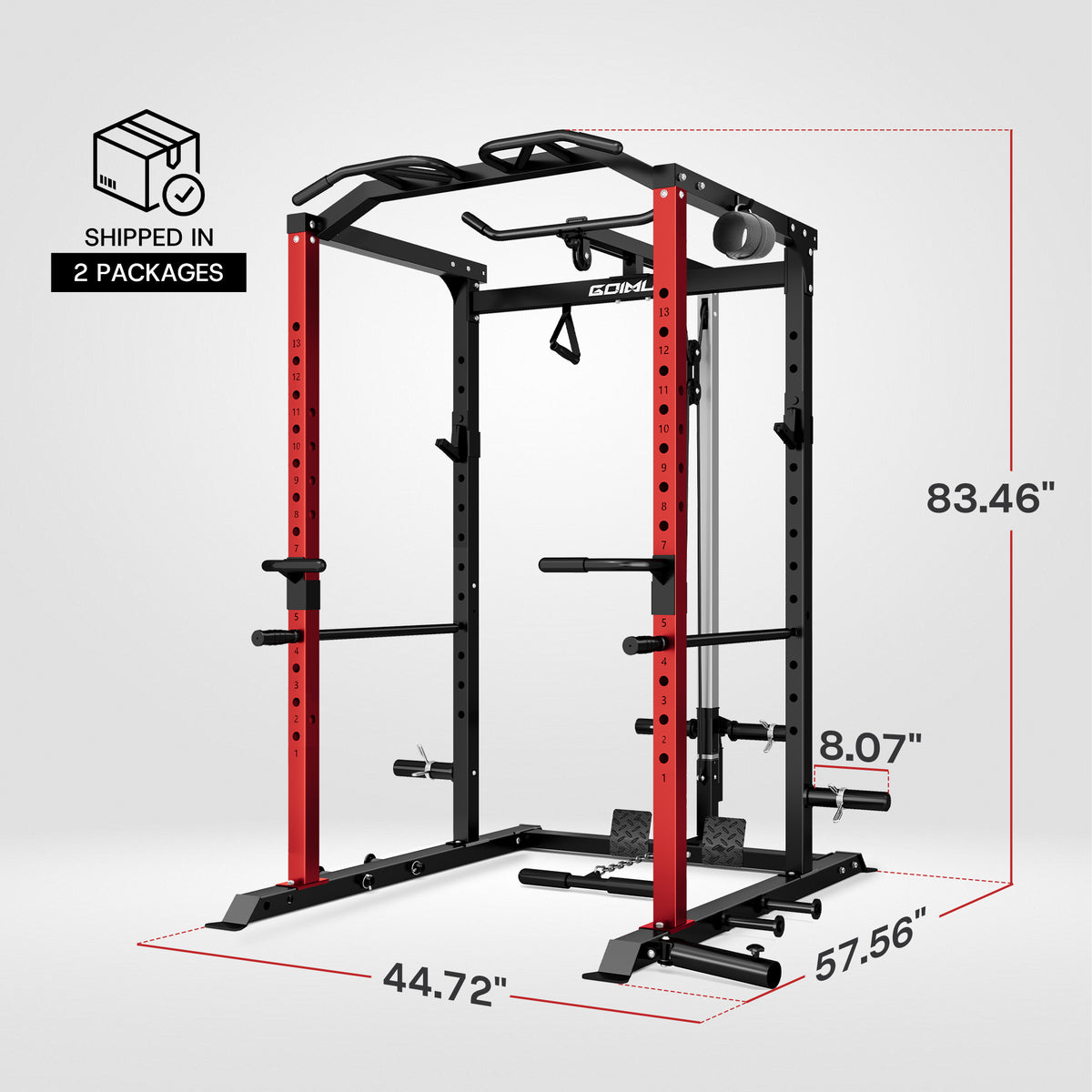 Red and black power rack with dimensions labeled on a white background.#color_red