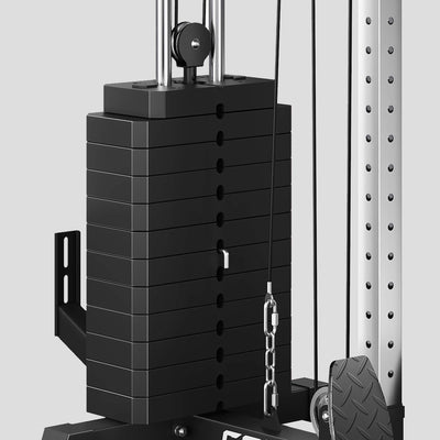 Stack of black weight plates on a weightlifting machine with a white background.