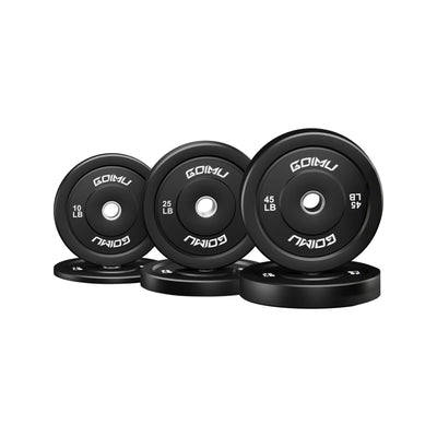 Set of black bumper weight plates with 'GOIMU' branding on a white background