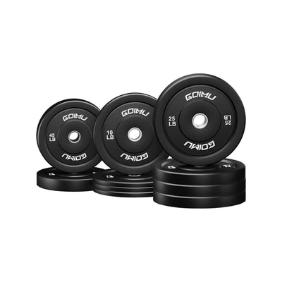 Set of black weight plates with 'GOMU' branding on a white background