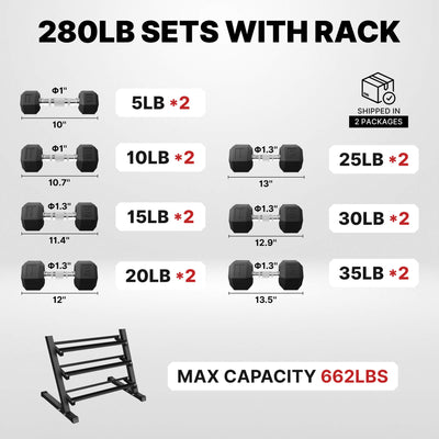 Weight set with rack specifications on a gray background.#pounds_280lbs-with-rack