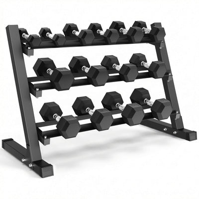 Black dumbbell rack with hexagonal dumbbells on a white background.#pounds_280lbs-with-rack