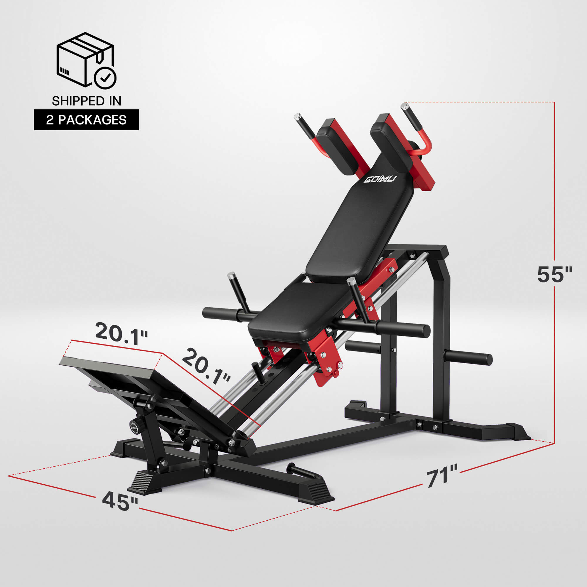 Gym bench with dimensions on a white background.#color_red
