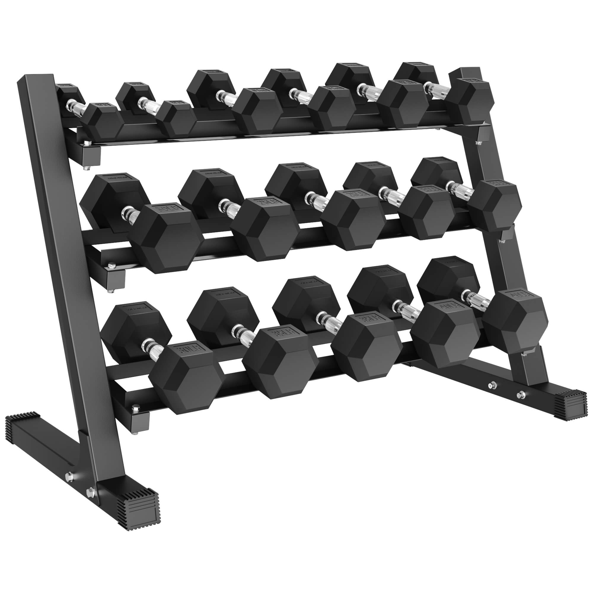 Black hexagonal dumbbells on a metal rack on a white background.#pounds_360lbs-with-rack