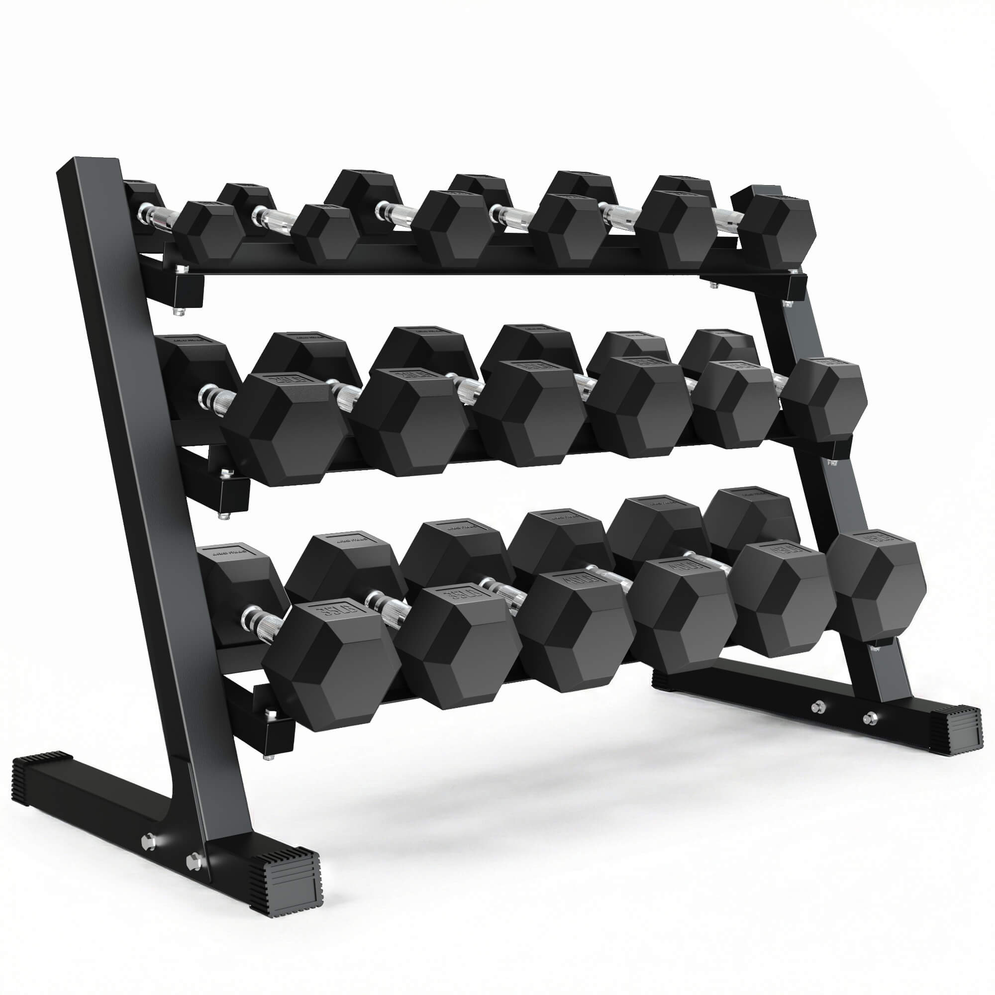 Black dumbbell rack with hexagonal dumbbells on a white background.#pounds_450lbs-with-rack