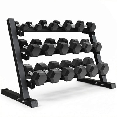 Black dumbbell rack with hexagonal dumbbells on a white background.#pounds_450lbs-with-rack