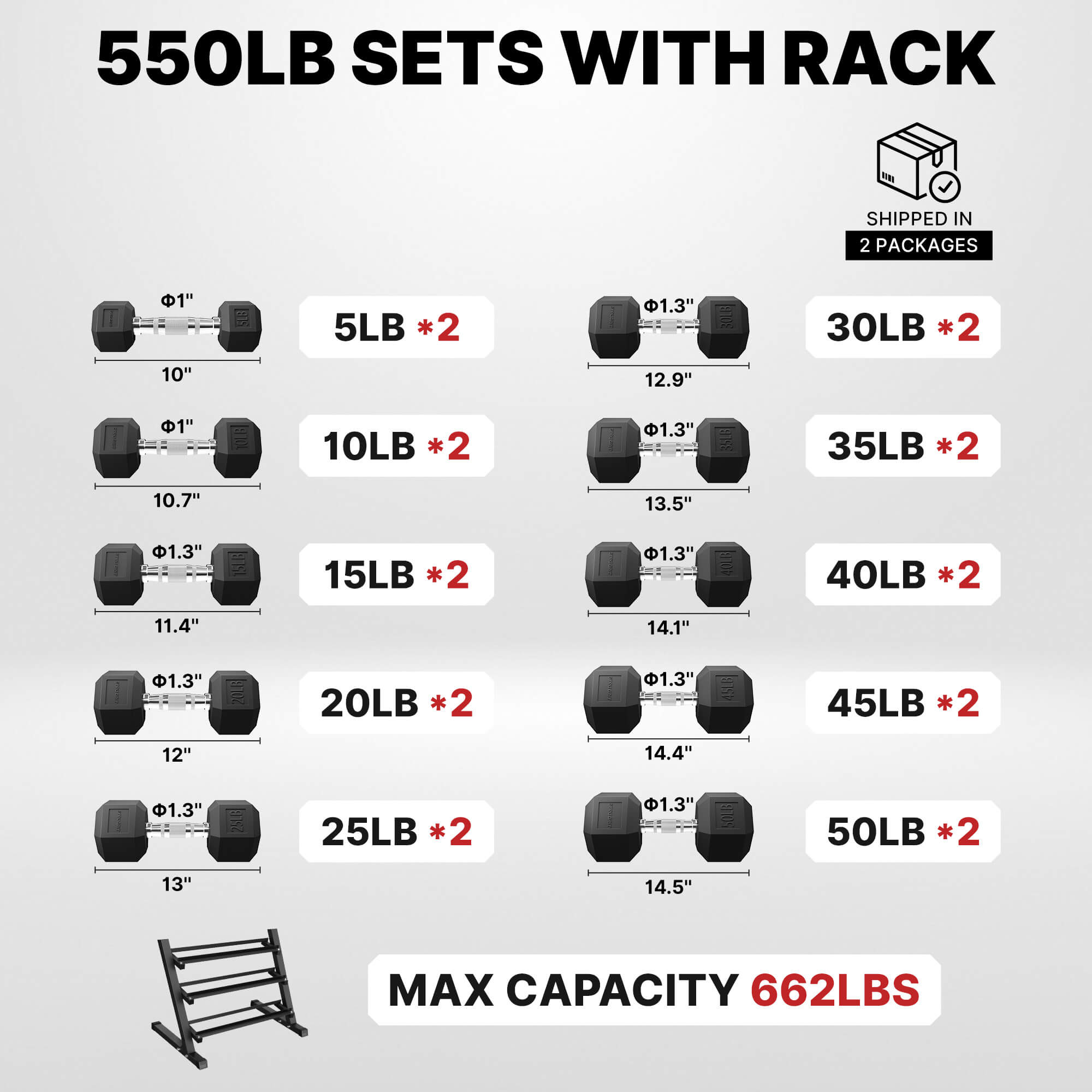 Weight set with rack specifications on a white background.#pounds_550lbs-with-rack