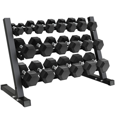 Set of black hexagonal dumbbells on a metal rack on a white background.#pounds_550lbs-with-rack
