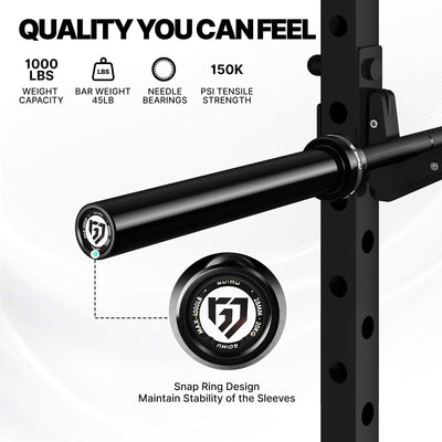 Black weightlifting bar with snap ring design on a white background, featuring product specifications.#color_black