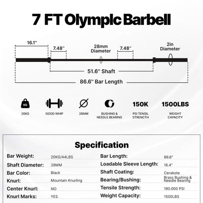 Technical specifications of a 7 FT Olympic Barbell on a white background.#color_black
