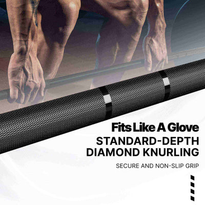 Gym bar with diamond knurling design, showing a person's hands gripping it.#color_black